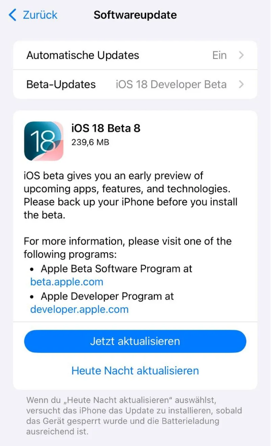 广灵苹果手机维修分享苹果 iOS / iPadOS 18 开发者预览版 Beta 8 发布 